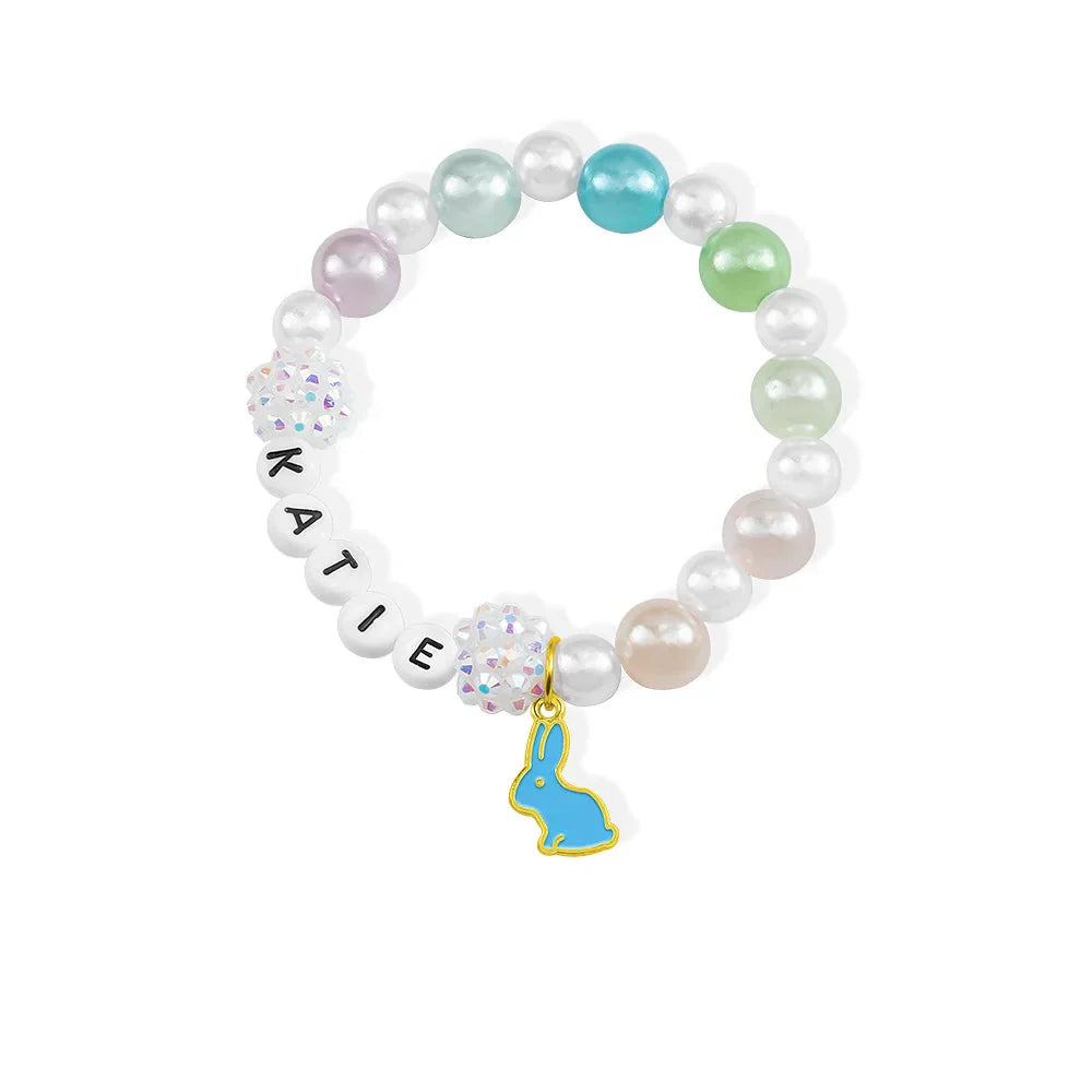 Personalized Cute Pearl Beaded Stretch Name Bracelet with Bunny Charm Easter Gift for Kids