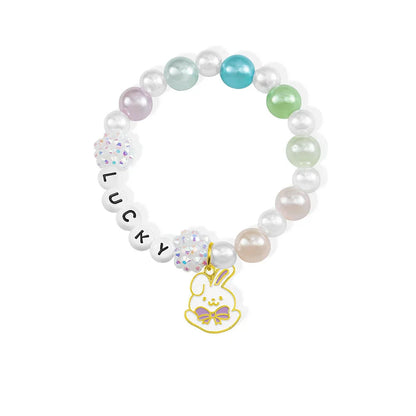 Personalized Cute Pearl Beaded Stretch Name Bracelet with Bunny Charm Easter Gift for Kids