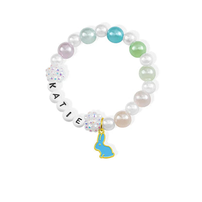 Personalized Cute Pearl Beaded Stretch Name Bracelet with Bunny Charm Easter Gift for Kids