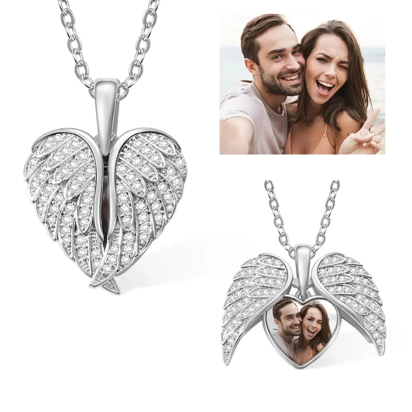 Personalized Heart Shape Angel Wing Photo Locket Necklace Anniversary Birthday Gift for Women