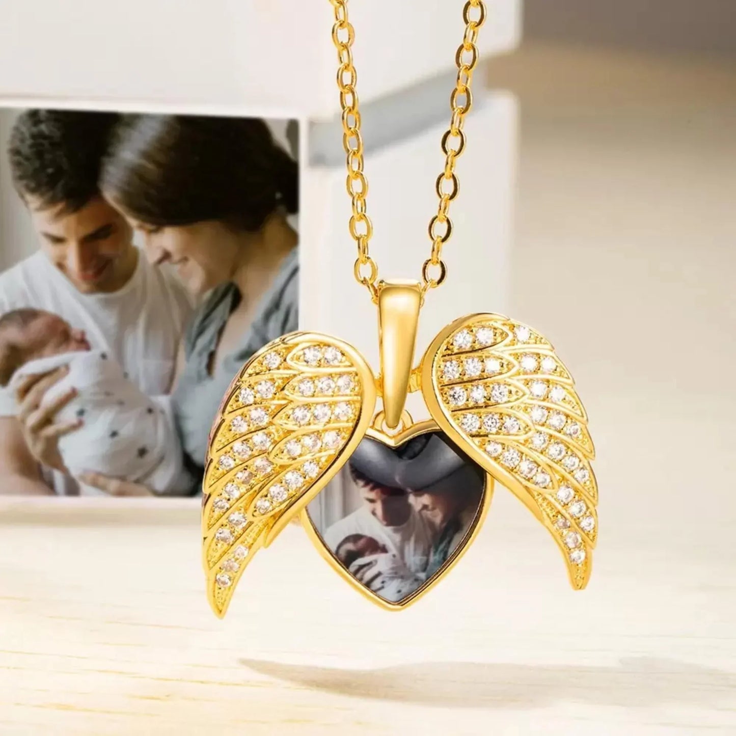Personalized Heart Shape Angel Wing Photo Locket Necklace Anniversary Birthday Gift for Women