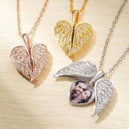 Personalized Heart Shape Angel Wing Photo Locket Necklace Anniversary Birthday Gift for Women